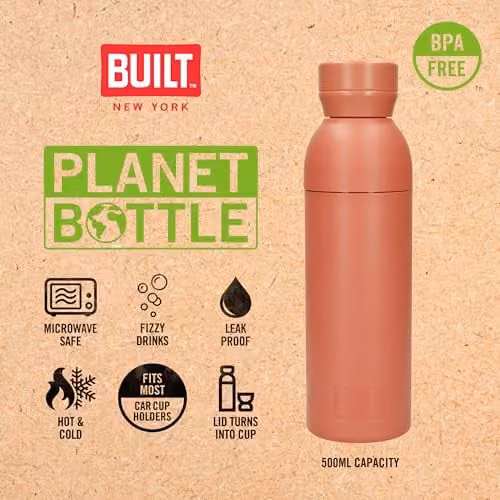 Built Planet Eco Friendly Recycled Water Bottle, Coral Pink, 500ml