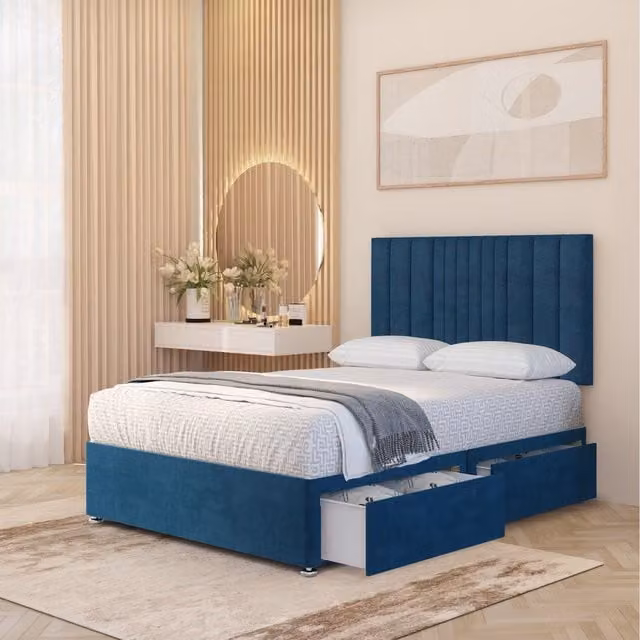 Somnior Beds Ltd Arizona Plush Velvet Orthopaedic Divan Bed Set with Hybrid Mattress and 32 inch Headboard, Blue, W/D/H: 140 x 200 cm