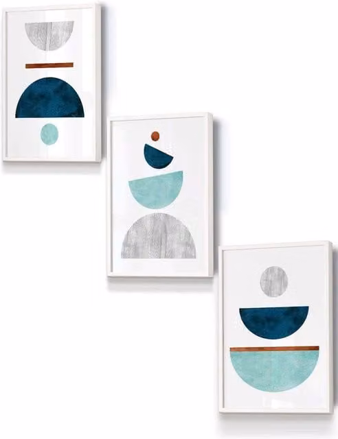 ARTZE Mid Century Abstract Geometric Framed Wall Art in Petrol, Green, Grey and White, W: 33 cm, H: 45 cm, D: 0.2 cm