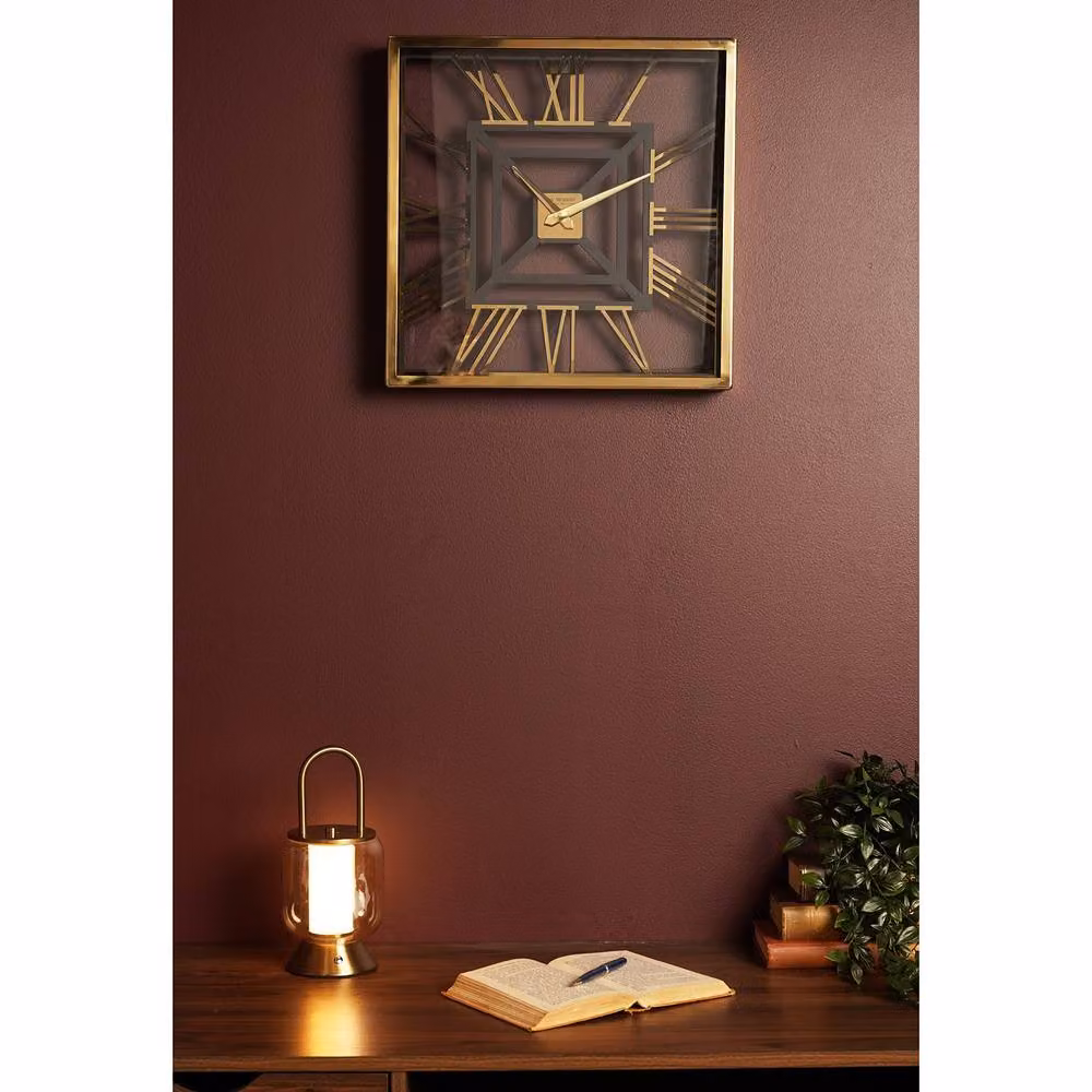 WILLIAM WIDDOP Modern Geometric Square Metal Wall Clock in Gold and Black – 2