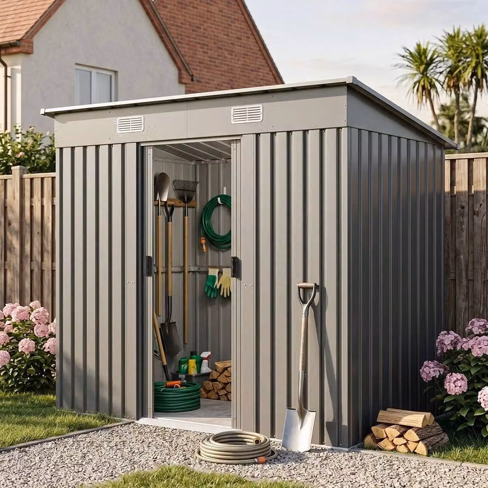 NESTLUNE Metal Garden Shed with Pent Roof in Grey, W: 120 cm, D: 100 cm, H: 182 cm – 4