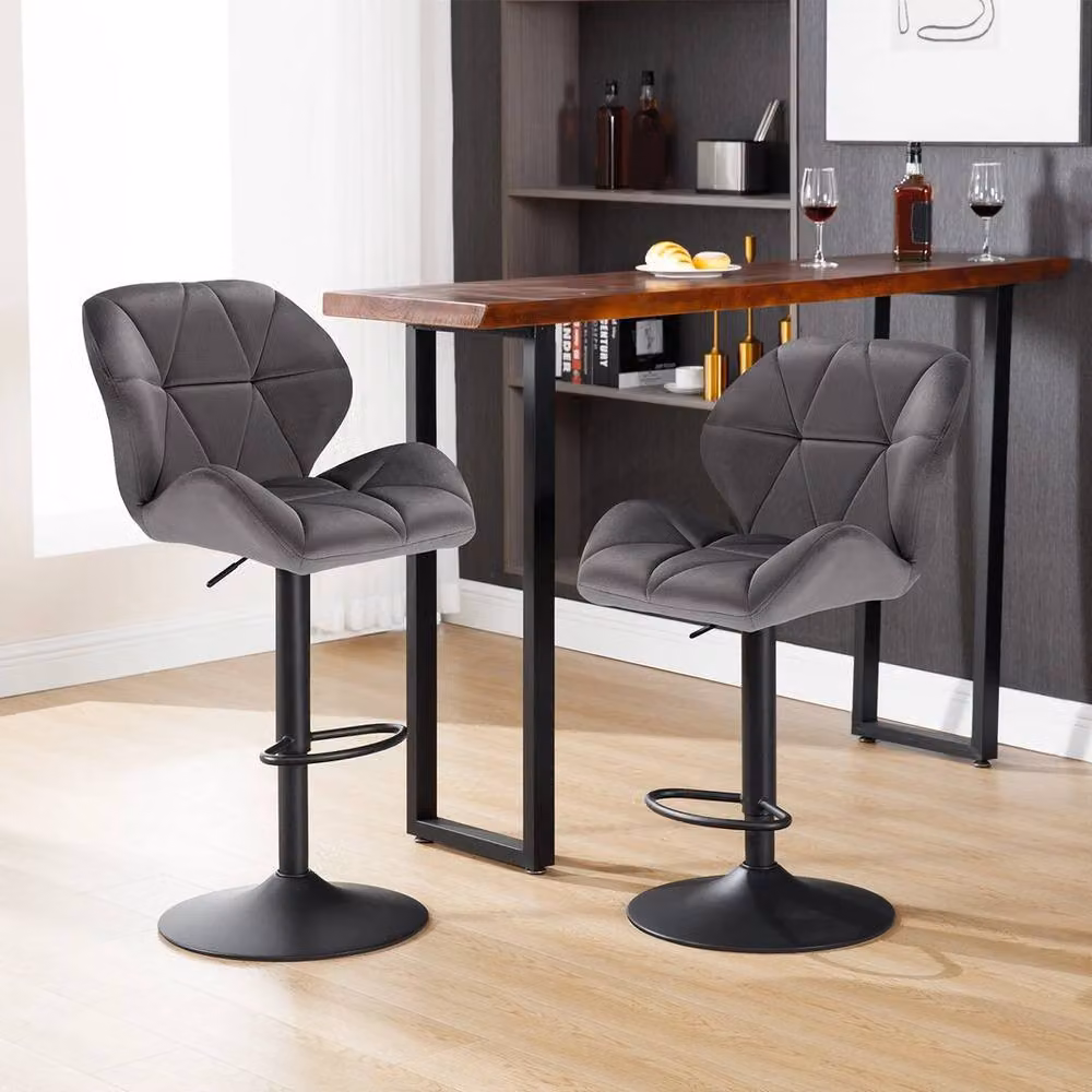 SPETLEK Set of 2 Modern Dark Grey Velvet Upholstered Bar Stools – 2