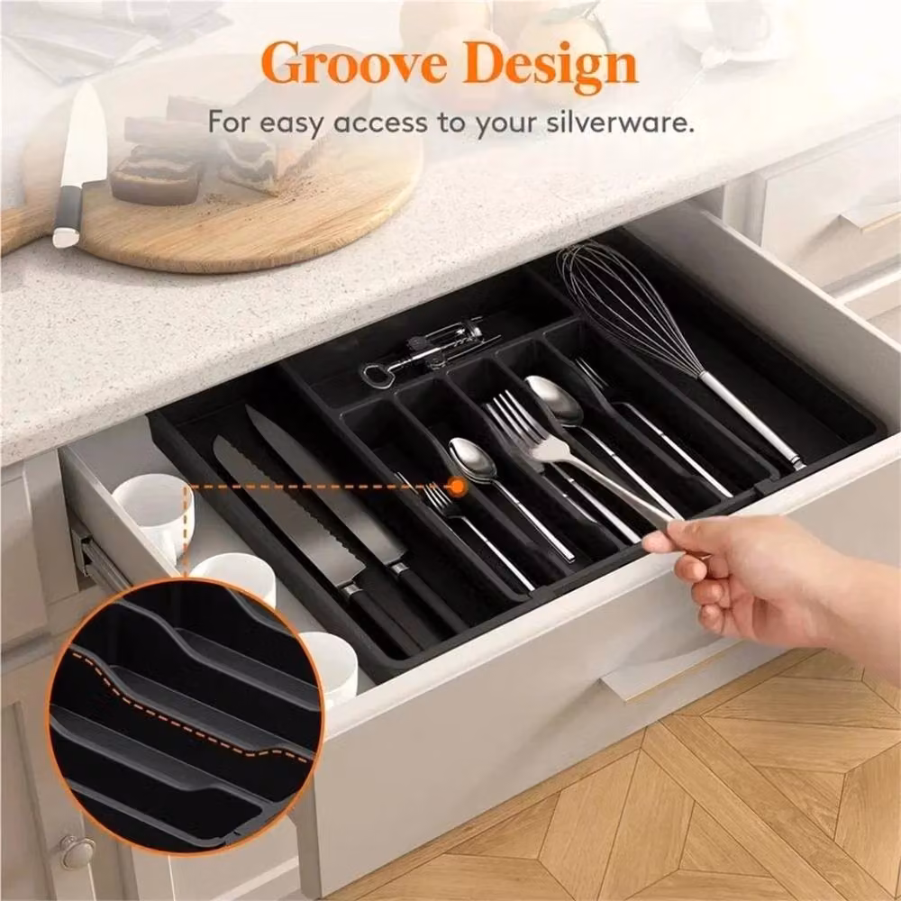 Nordara Adjustable Kitchen Drawer Organizer Tray with Compartments, Black, W: 120 cm, D: 15 cm, H: 15 cm – 5