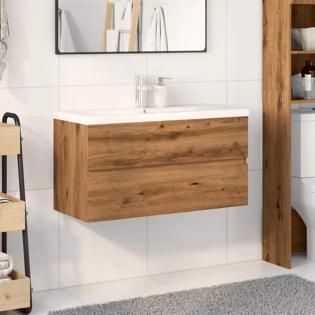 Berkfield Home Artisan Oak Sink Cabinet with Built-in Basin in Brown, W/D/H: 91 x 39.5 x 49 cm – 2