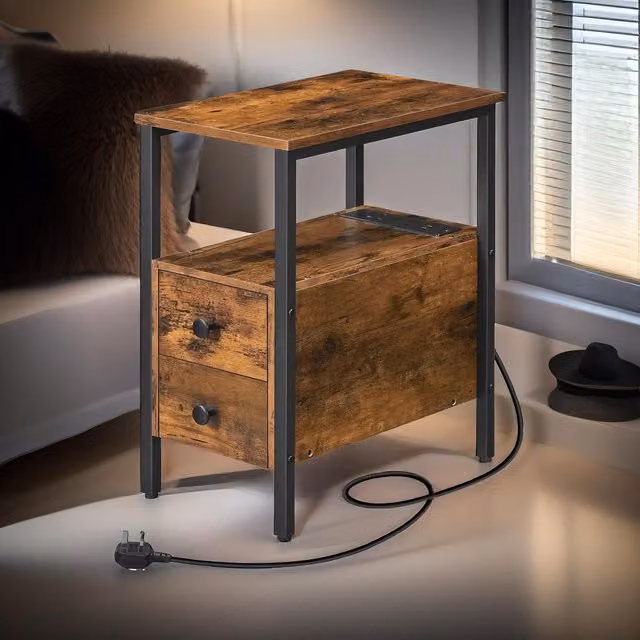 Rafaelo Mobilia Bedside Table with Power Outlet and USB Ports in Brown and Black, W/D/H: 61.5 x 30 x 48 cm