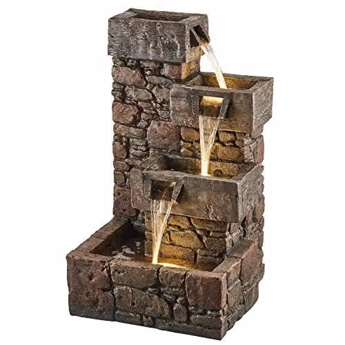 Serenity Cubic Cascading Pebble Wall Water Feature with LED Lights in Brown, Height: 79 cm – 1