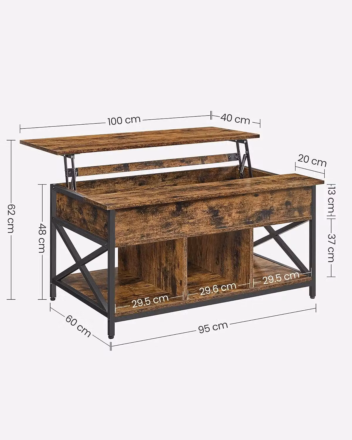 VASAGLE Brown Industrial Lift-Top Coffee Table with Height Adjustable Tilting Top and X-Shaped Metal Frame – 2