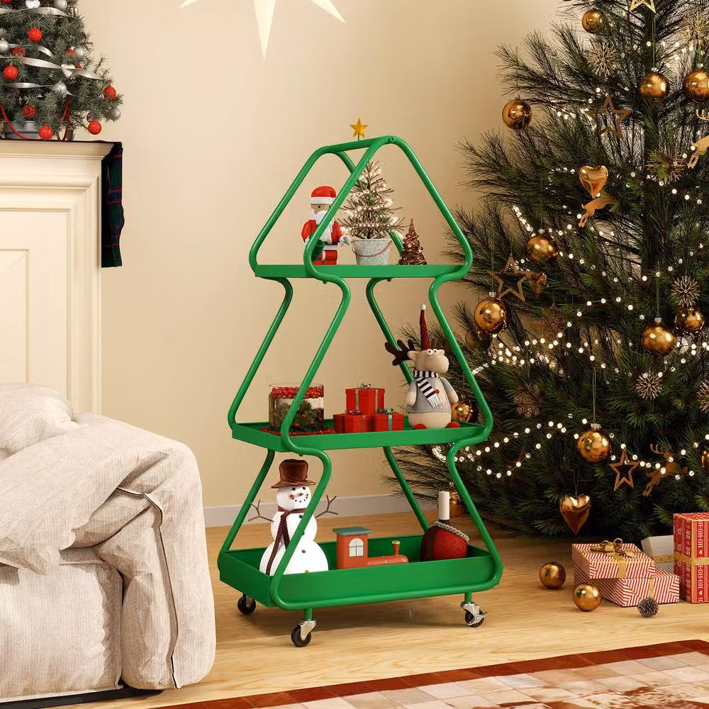 Costway 3-Tier Rolling Christmas Tree Storage Cart with Topper Star in Green – 3