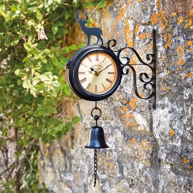 Garden Gear Vintage Black Metal Stag Wall Mounted Analog Clock with Thermometer