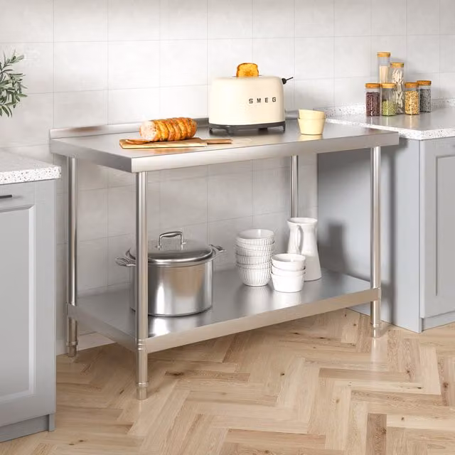 Darphe Commercial Stainless Steel Kitchen Work Table with Rear Upstand, Silver, Width: 120 cm