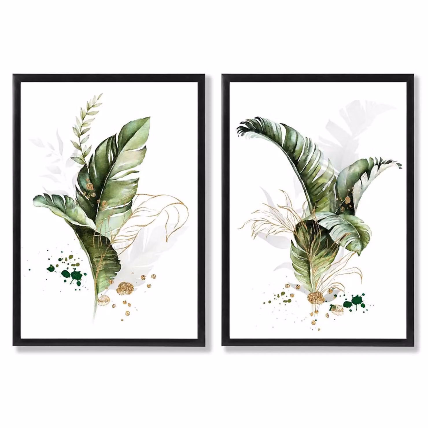 ARTZE Abstract Green Botanical Leaves Set of 2 Art Prints in Black Wood Frames – 2