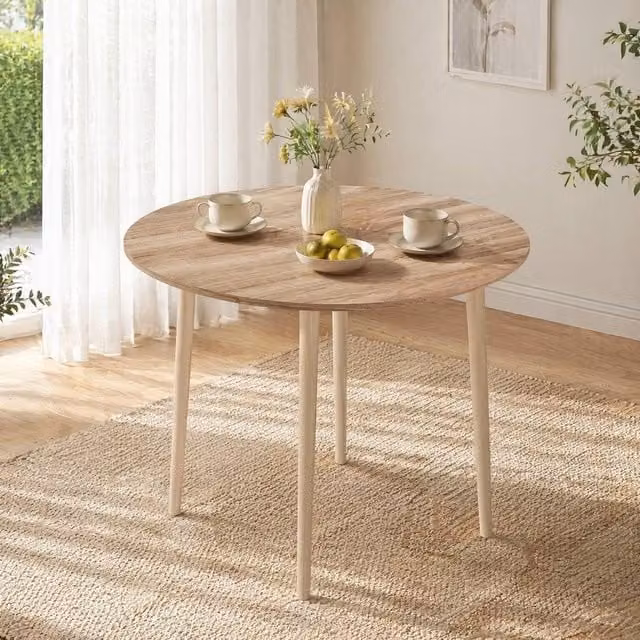 STILVORA Modern Round Dining Table with Butterfly Drop Leaves in Light Oak and Brown – 1