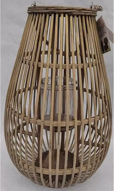 Lemon Pavilion Large Oval Wicker Lantern with Glass Holder in Brown, W33 x D33 x H52 cm