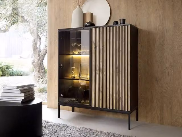 Vente-unique Modern 2-Door LED Display Cabinet in Black MDF and Smoked Glass, W/D/H: 103.5 x 39.0 x 125.5 cm