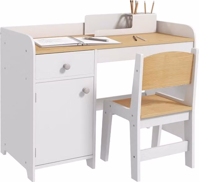 ZONEKIZ Kids Desk and Chair Set with Storage Drawer for 3-6 Year Olds, White – 1