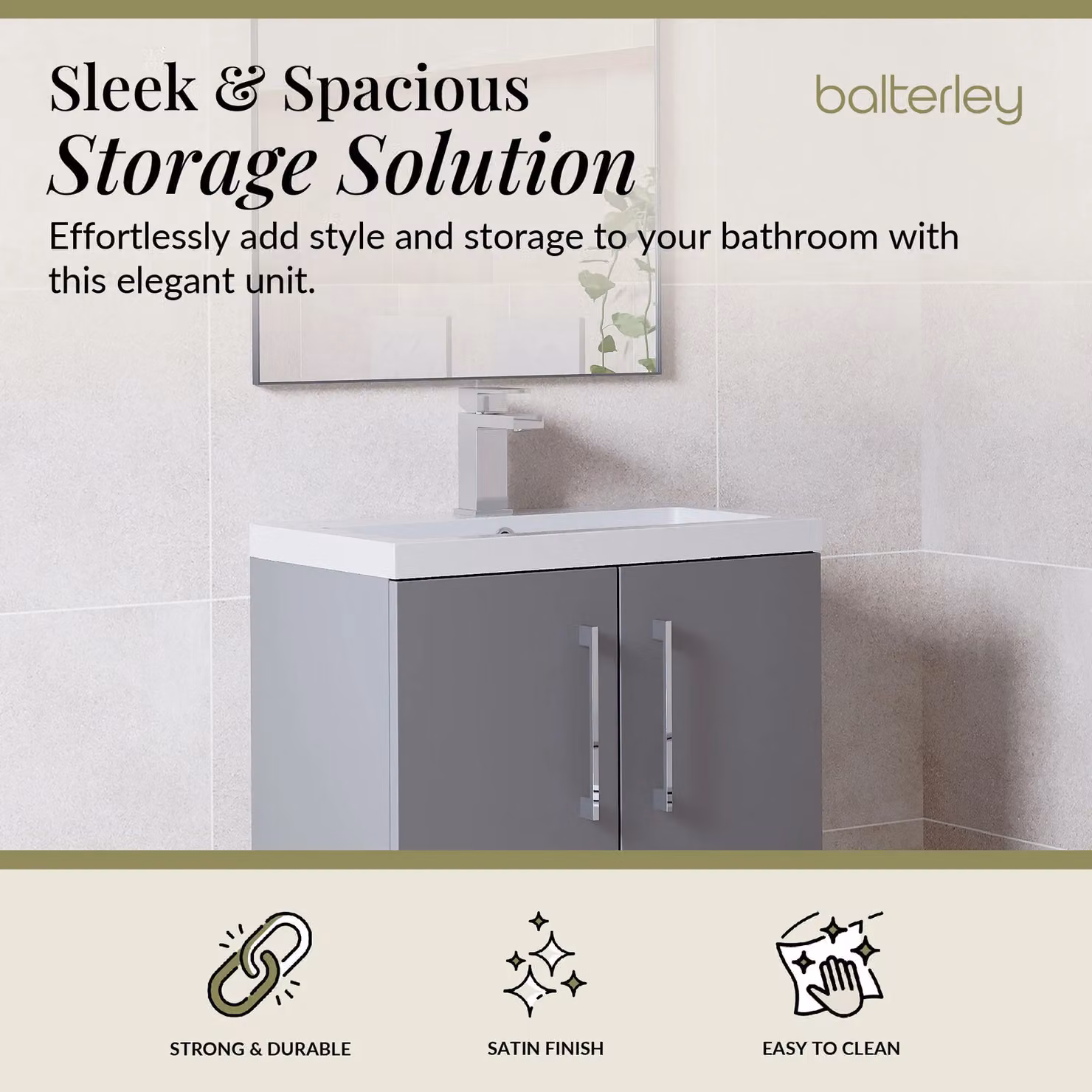 Balterley Modern Freestanding Bathroom Vanity Basin Unit in Matt Satin Grey, Width: 60 cm – 2
