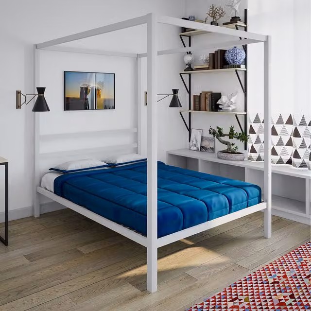 Dorel Home Modern Metal Canopy Bed in White, 140 x 200 cm