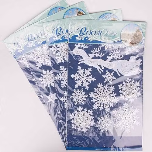 Shatchi 3D Christmas Window Stickers in Snowy White and Silver, 4 Assorted Reusable Sheets