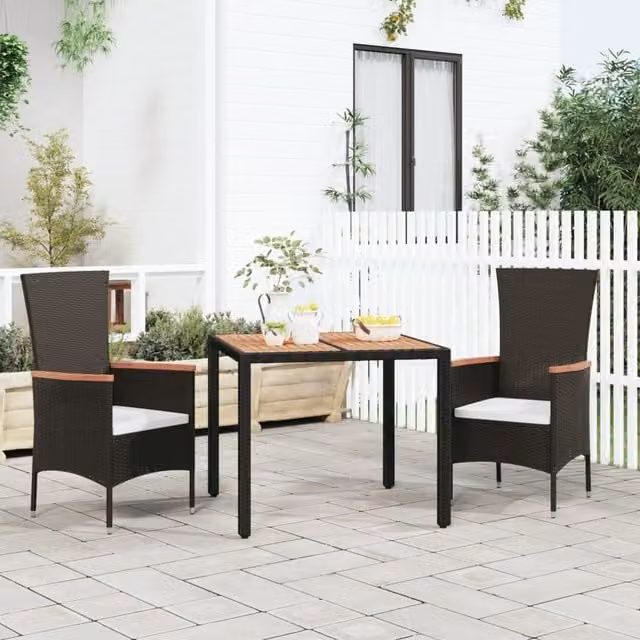 Berkfield Home Garden Table with Black Poly Rattan and Acacia Wood Top