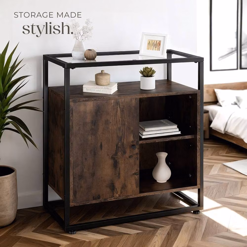 tectake Coventry Sideboard with Glass Tabletop and Open Shelves in Brown and Black – 8