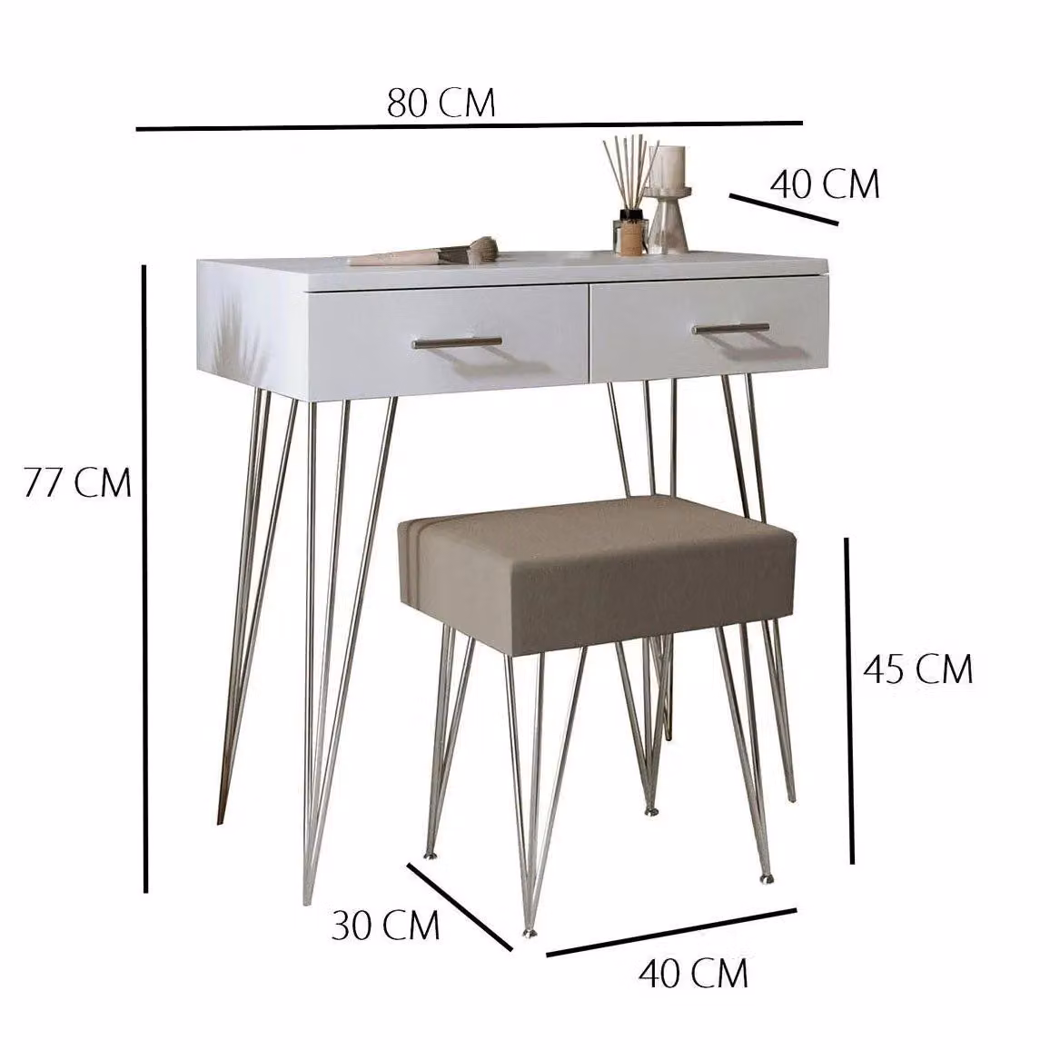 CARME HOME Olivia White Dressing Table and Padded Stool Set with 2 Drawers and Metal Legs – 3