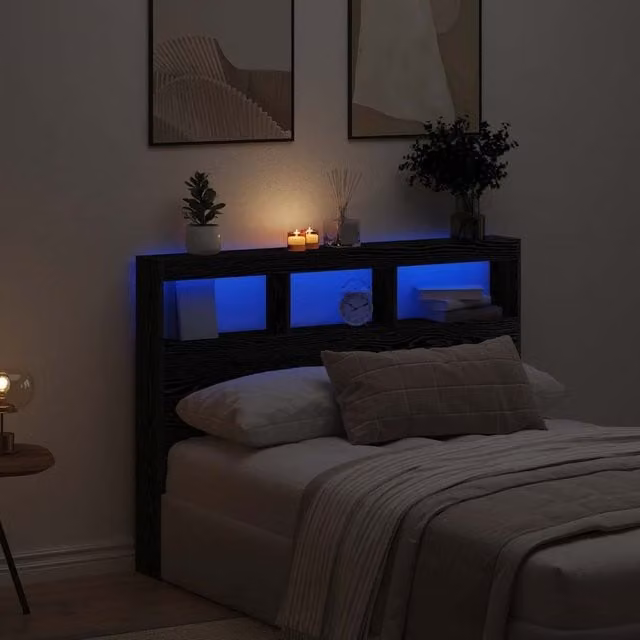 Berkfield Home LED Headboard Cabinet in Black Oak, W/D/H: 140 x 17 x 102 cm – 1