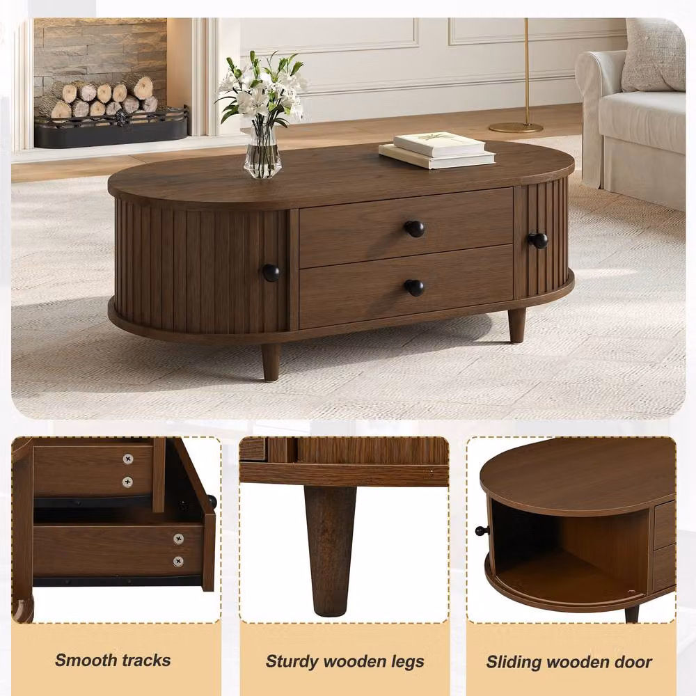 BTM Oval Coffee Table with Sliding Door Storage in Walnut Brown MDF – 4