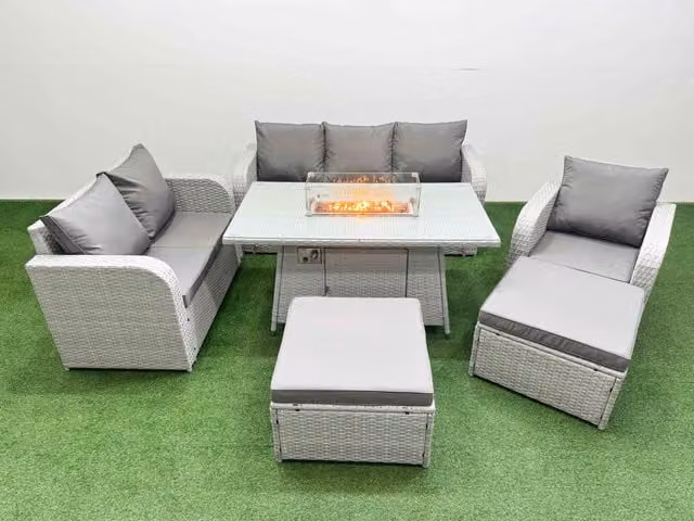 Fimous Patio 8 Seater Grey PE Wicker Rattan Outdoor Furniture Set with Firepit Dining Table, Reclining Chairs, Loveseat and 3 Seater Sofa