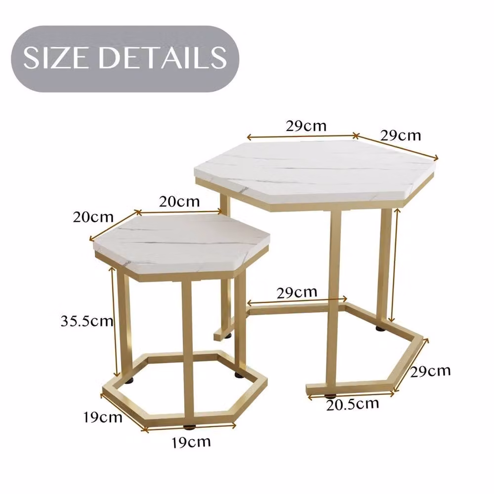 VOGREX Set of 2 White Marble MDF Nesting Side Tables with Gold Geometric Hexagon Frames – 2