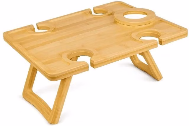 FORGEVIO Portable Folding Bamboo Wine Picnic Table in Natural Wood