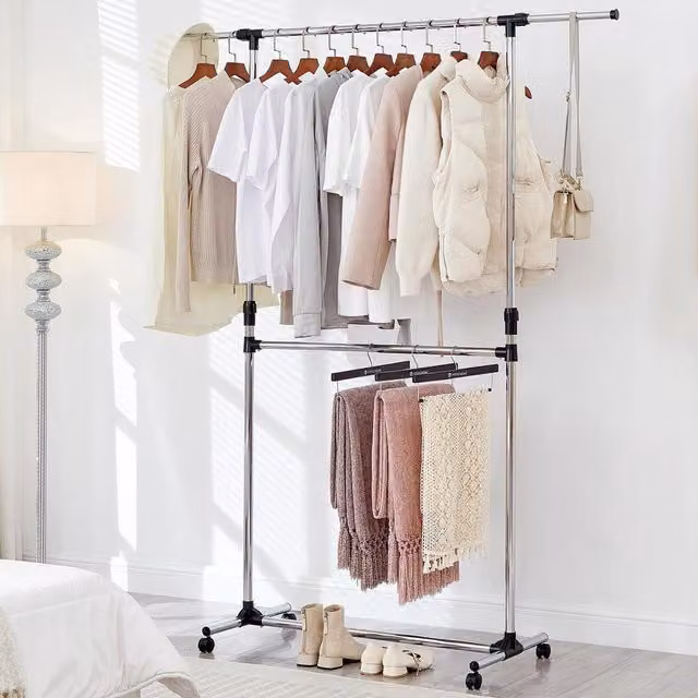 House Of Home Silver Metal Double Clothes Rail with Continuous Linear Rail and Glossy Finish, H: 198 cm, H: 101 cm