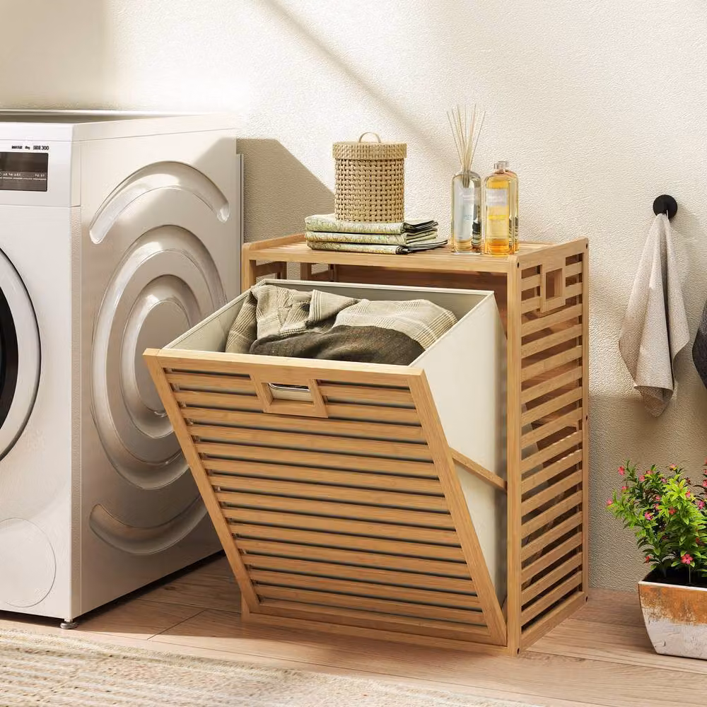 Costway Bamboo Tilt-out Laundry Hamper with Removable Fabric Bag, 68L, Beige – 4