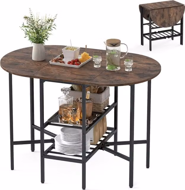 COSTWAY Brown Industrial Folding Dining Table with Drop Leaf and Rounded Rectangular Wood Top