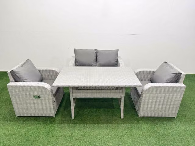 Fimous 4 Seater Light Grey PE Wicker Rattan Garden Furniture Set with Reclining Chairs and Rectangular Dining Table