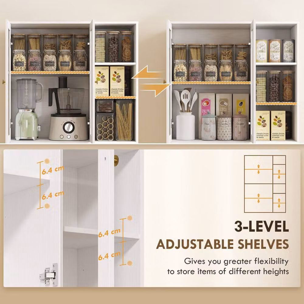 HOMCOM White Modern Tall Kitchen Cupboard and Pantry Storage Unit with Soft Close Hinged Doors – 3