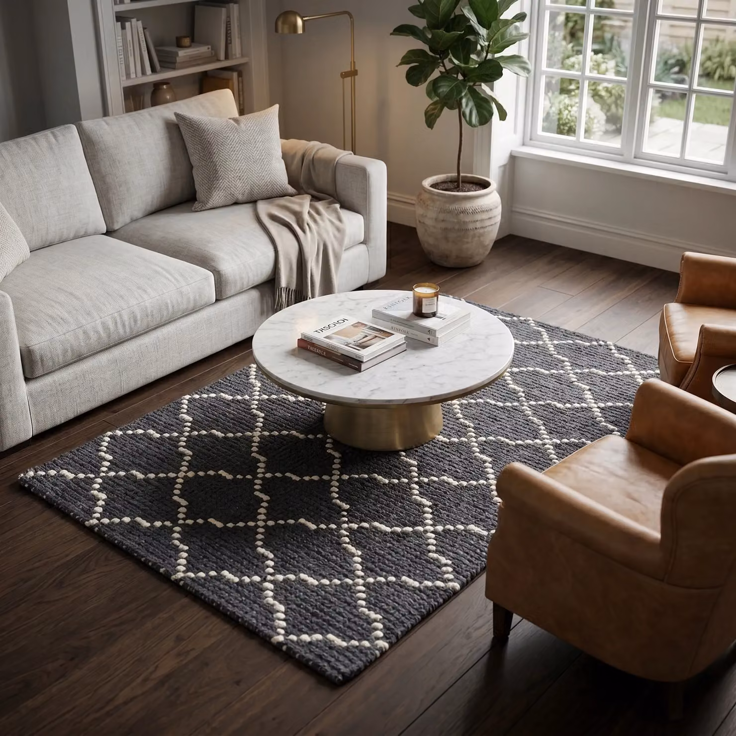 Orsina Grey and White Woven Diamond Pattern Rectangular Wool and Cotton Rug – 4