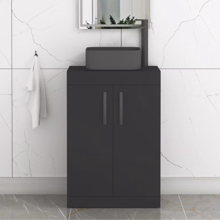 Royal Bathrooms Turin 500mm Floor Standing 2 Door Vanity Unit in Matt Black with Art Square Countertop Basin and Brushed Brass Handle
