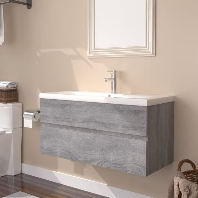 Berkfield Home Wall Mounted Bathroom Sink Cabinet in Grey Sonoma MDF with Built-in Basin and Internal Drawers