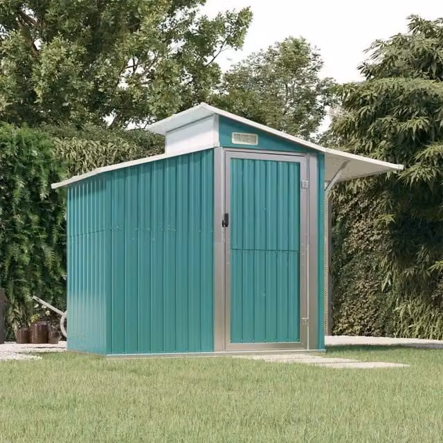 Berkfield Home Green Galvanised Steel Pent Garden Shed W: 270 cm, D: 130 cm, H: 208.5 cm