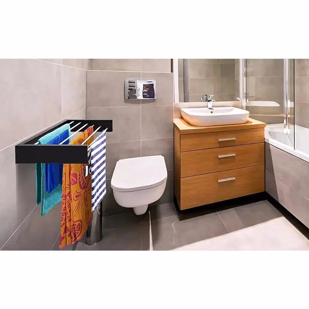 FLAVORA Wall Mounted Foldable Metal Towel Drying Rack and Airer in Black, W: 100 cm, D: 15 cm – 5