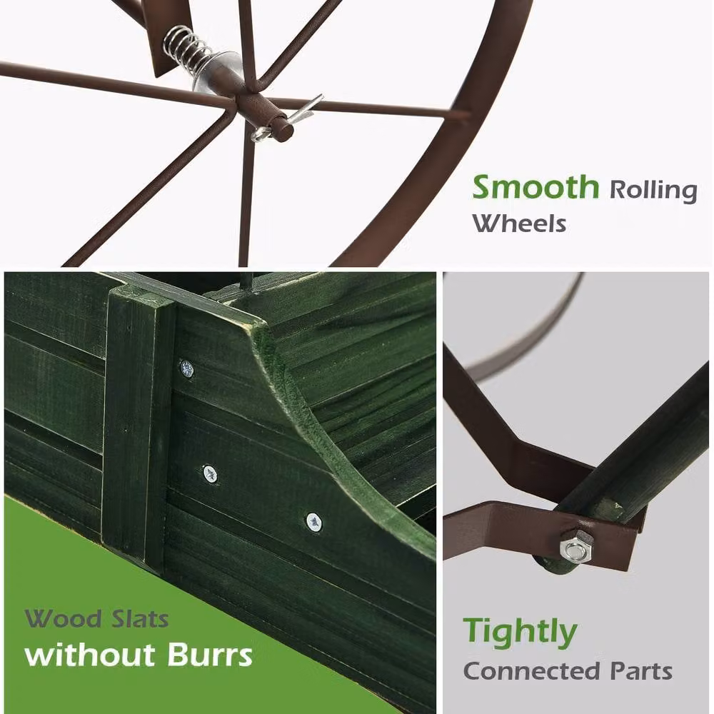 Costway Green Garden Wagon Planter with Two Planting Sections and Rustic Wood and Metal Design – 4