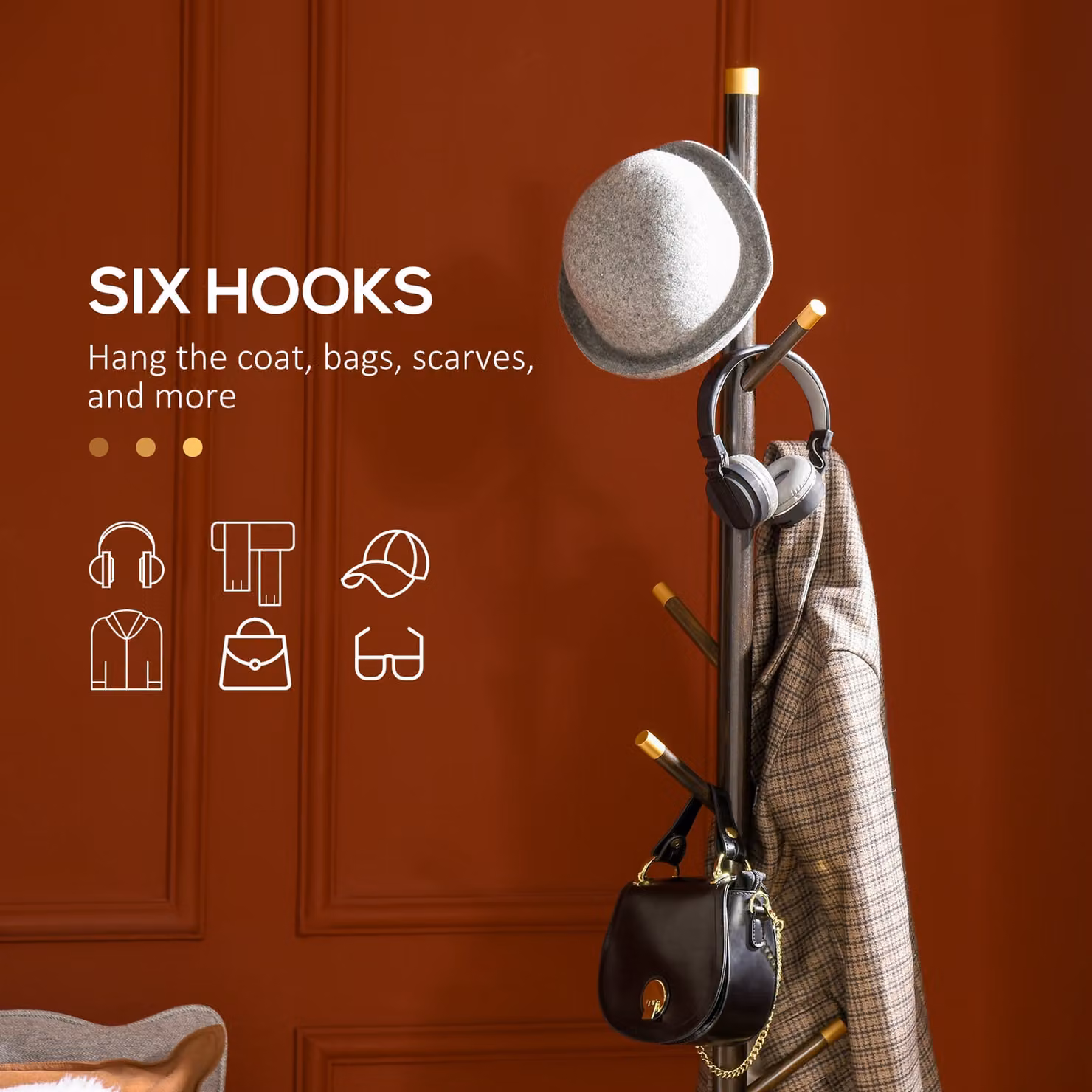HOMCOM Vintage Freestanding Bamboo Coat Rack with 6 Hooks in Walnut Brown – 4