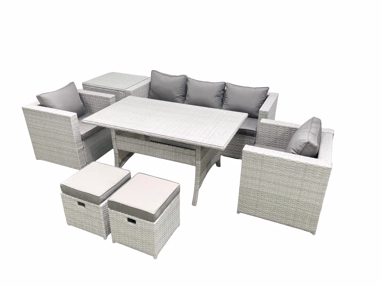 Fimous Garden Dining Set with Rattan Sofa, Dining Table, 2 Chairs, 2 Footstools and Side Table in Light Grey – 2