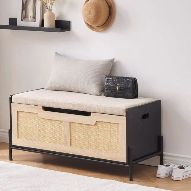 VOGREX Black Rattan Storage Bench with 2 Safety Hinges and Flip-Top Shoe Trunk – 1