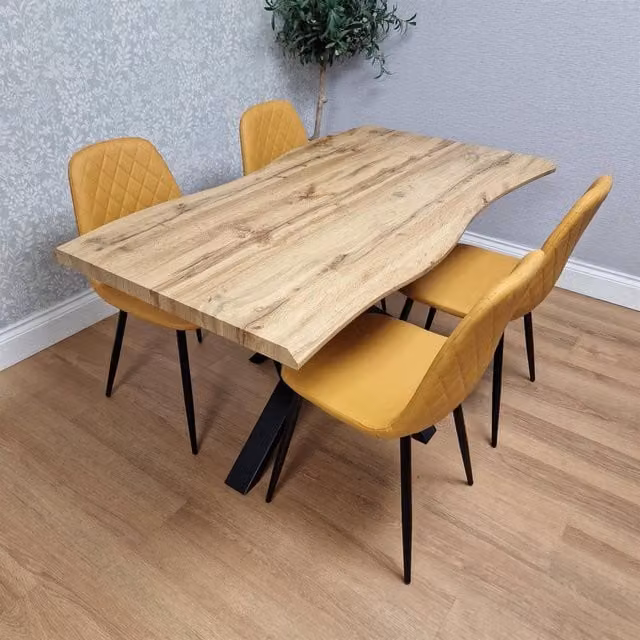 KOSY KOALA Industrial Dining Set with Rectangular Wood Table and 4 Yellow Faux Leather Chairs, W/D/H: 80 x 80 x 75 cm