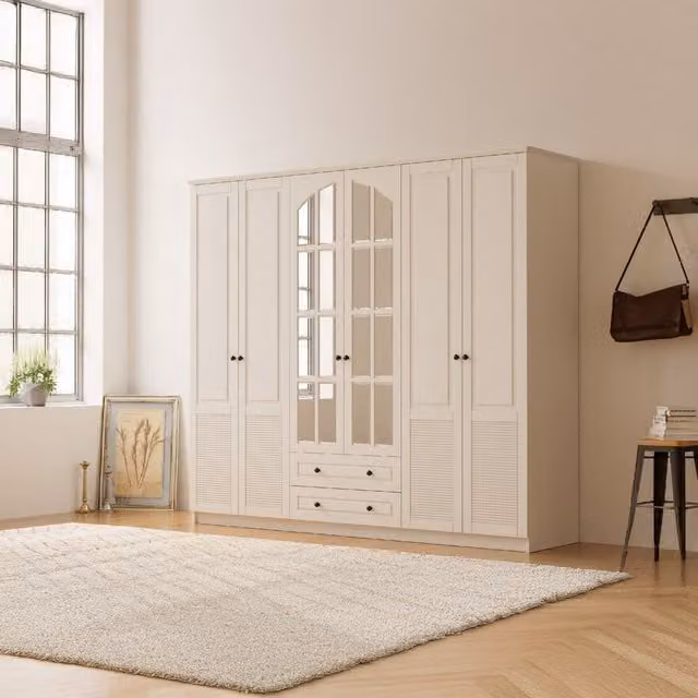 EVUHOME Elise XL White Mirrored Wardrobe with 6 Doors and 2 Integrated Drawers, H 210 cm x W 52 cm x D 52 cm