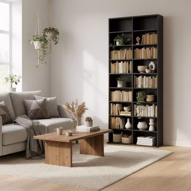 Wyld Haus Sezi Wood Black Tall Media Storage Tower with Adjustable Shelves, H 175 x W 78.5 x D 24 cm
