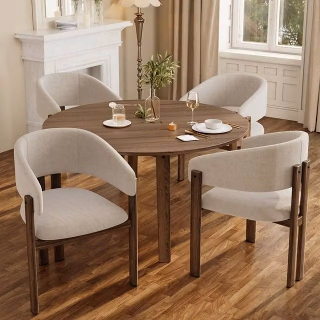 Rolipo Set of 4 Beige Linen Dining Chairs with Walnut Effect Metal Frame