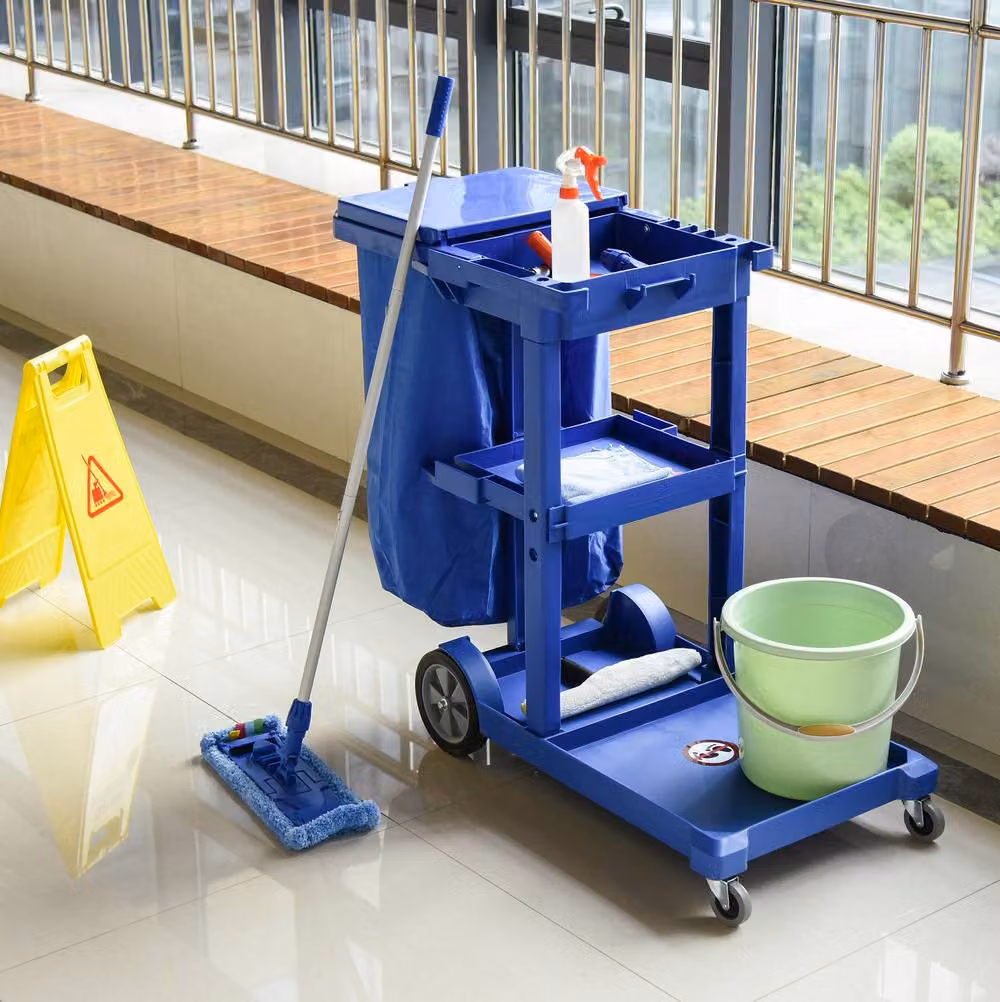 STILVORA Cleaning Trolley with Shelves, Hooks and Bin in Blue – 2
