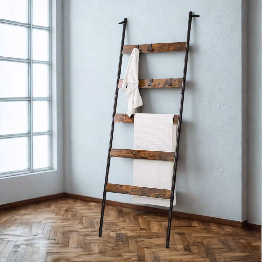 Pirlo Plush 5-Tier Brown Towel and Blanket Ladder Shelf Rack with Hooks – 3